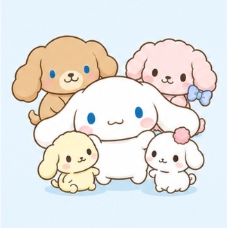 Cinnamoroll surrounded by his cute puppy companions