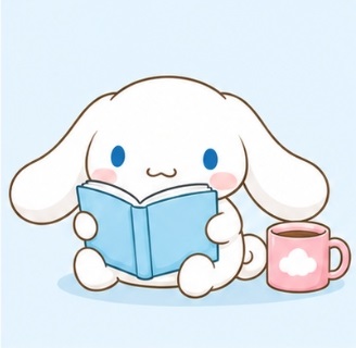 Cinnamoroll sitting and reading a blue book with a drink cup