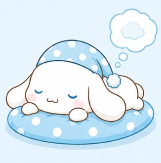 Cinnamoroll sleeping peacefully on a blue polka-dot cushion