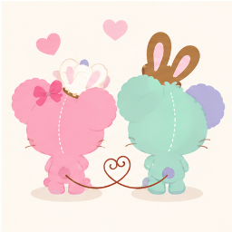 Rear view showing round mouse ears under hats and heart-shaped intertwined tails