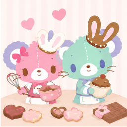 Twins baking chocolates and cupcakes in chocolatier aprons