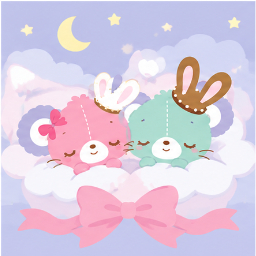 Twins sleeping peacefully on fluffy clouds under crescent moon and stars