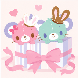 Twins peeking out from a giant confectionery gift box with pink bow