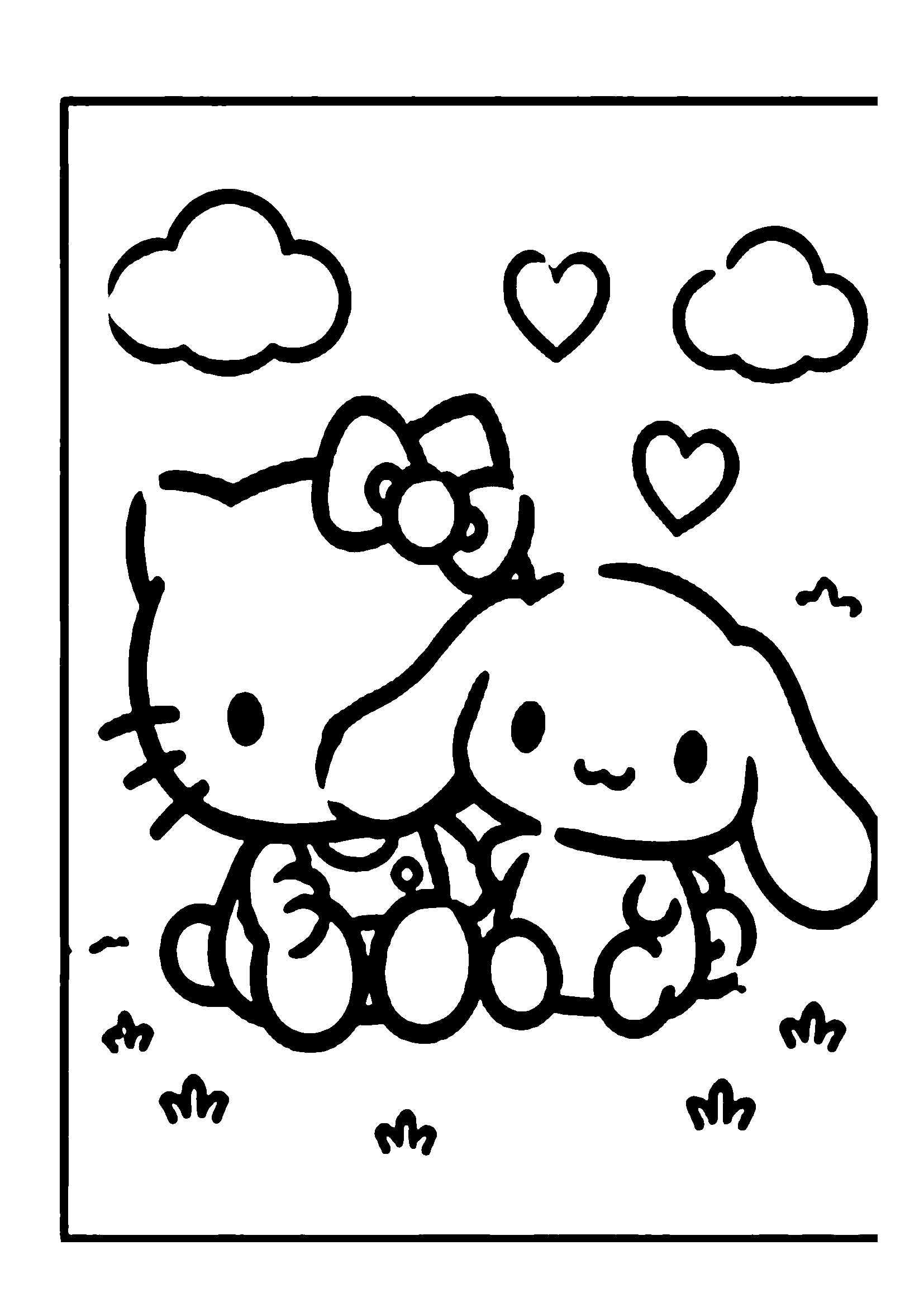Hello Kitty and Cinnamoroll floating on a cloud with hearts and sky printable coloring page