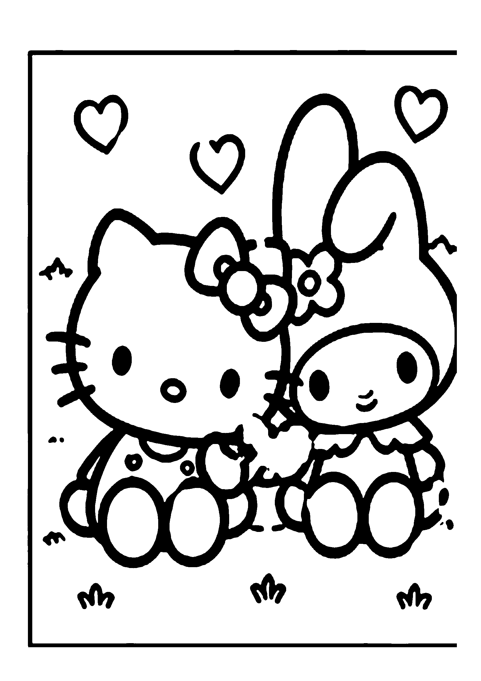 Hello Kitty and My Melody sitting happily in a sunny meadow with hearts printable coloring page