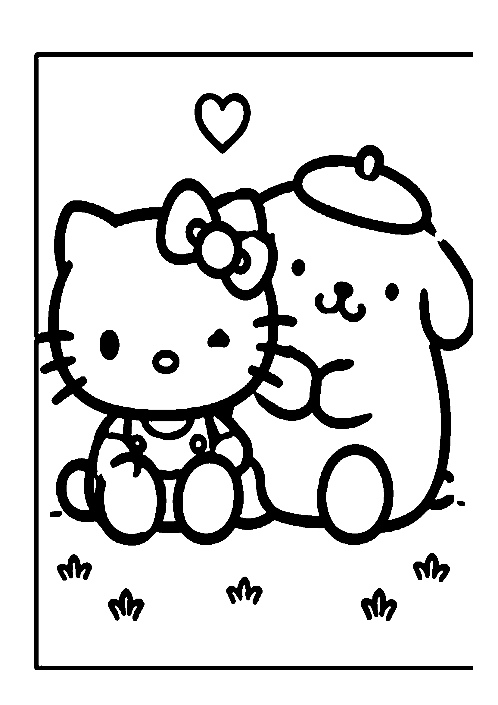 Hello Kitty and Pompompurin holding hands with heart in meadow printable coloring page