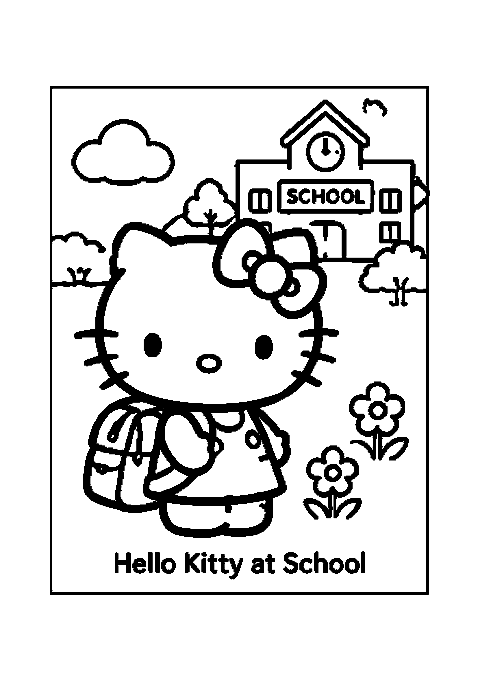 Hello Kitty carrying a backpack outside the school building printable coloring page