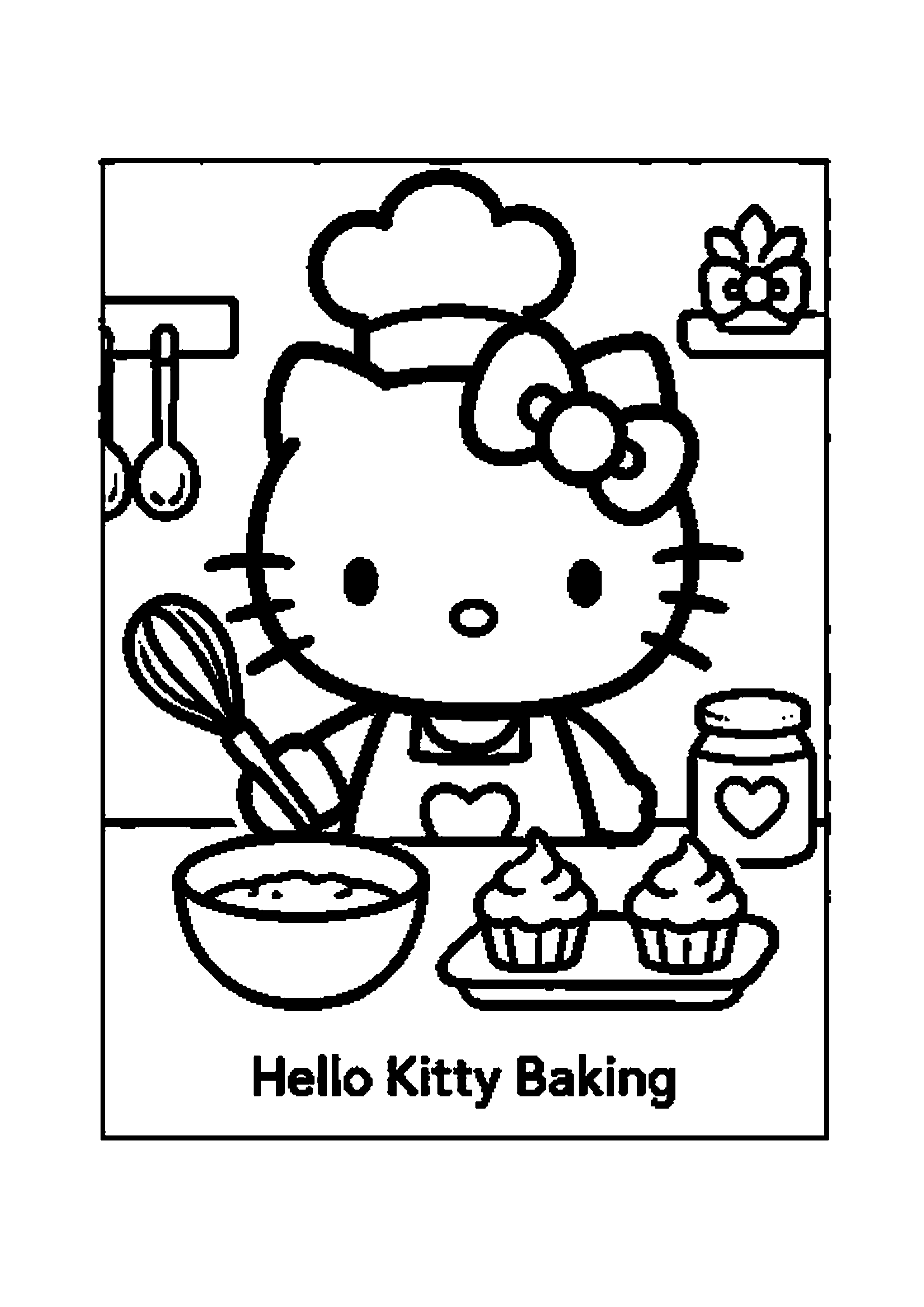 Hello Kitty wearing a chef hat baking cupcakes in the kitchen printable coloring page