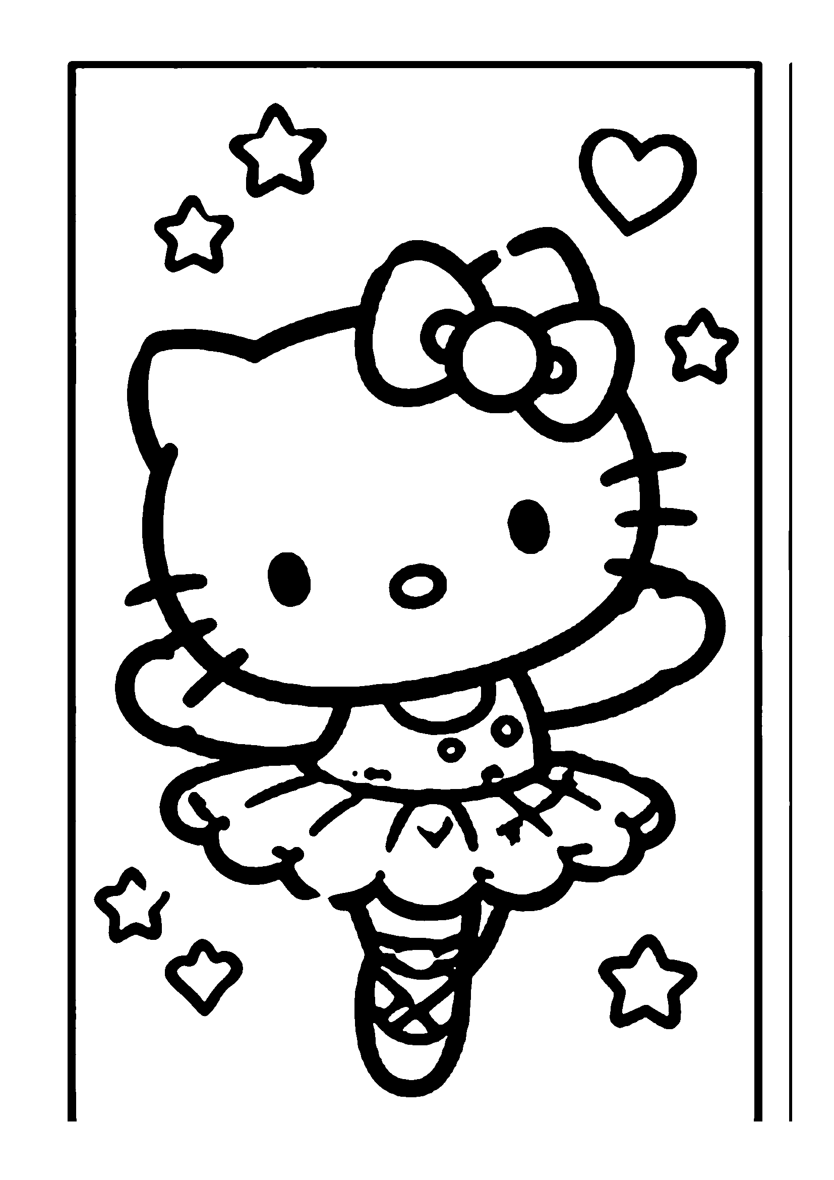 Hello Kitty dancing as a ballerina with tutu and ballet slippers among stars printable coloring page