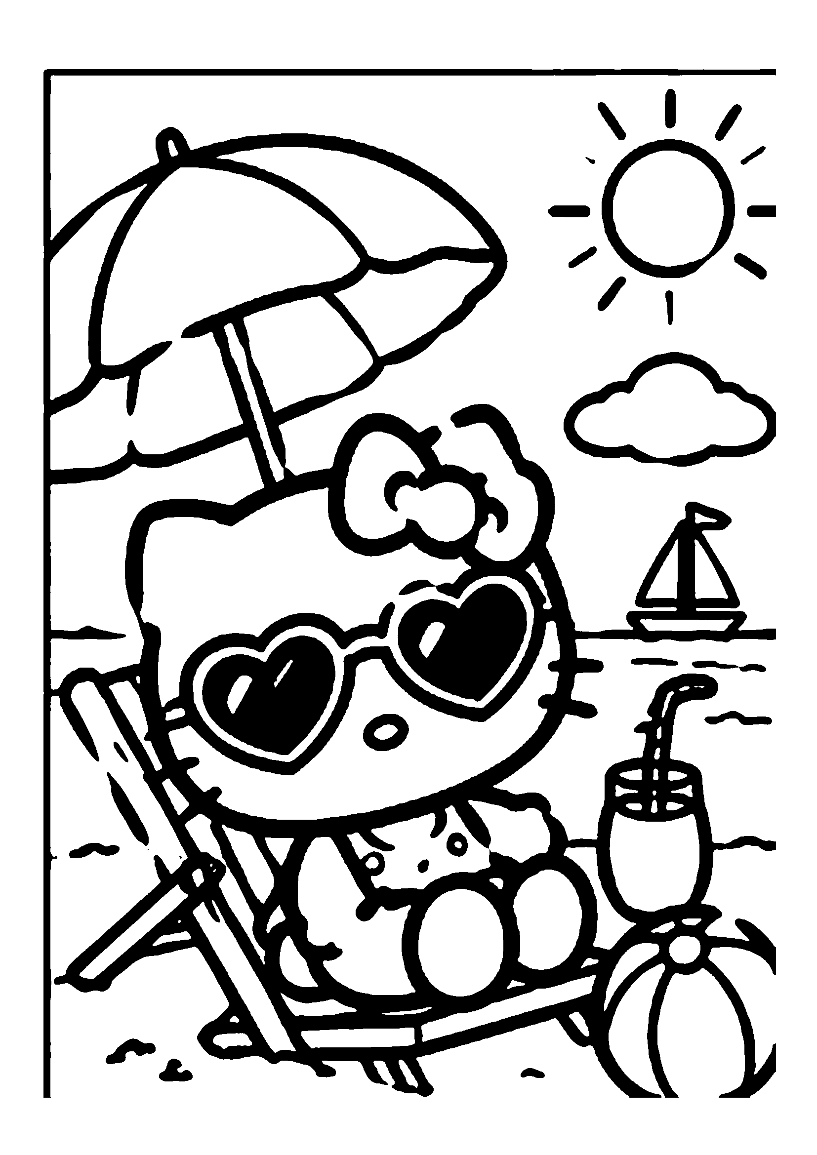 Hello Kitty lounging in beach chair with heart sunglasses by the ocean printable coloring page