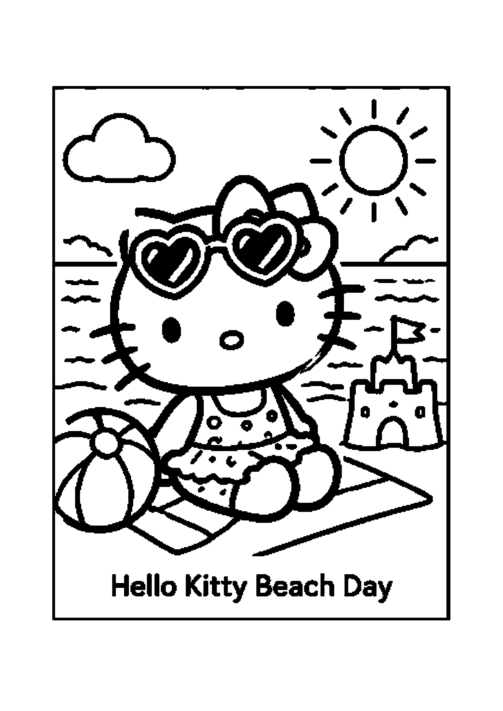 Hello Kitty in swimsuit and sunglasses at the beach with sandcastle and beach ball printable coloring page