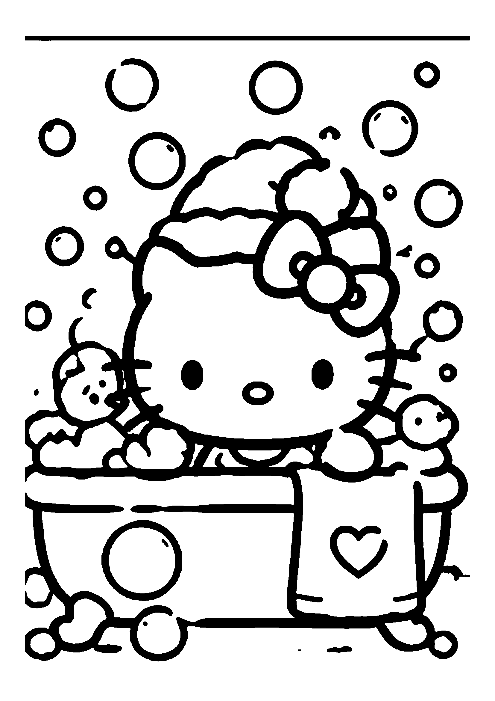Hello Kitty enjoying a bubble bath in a tub with rubber duckies printable coloring page
