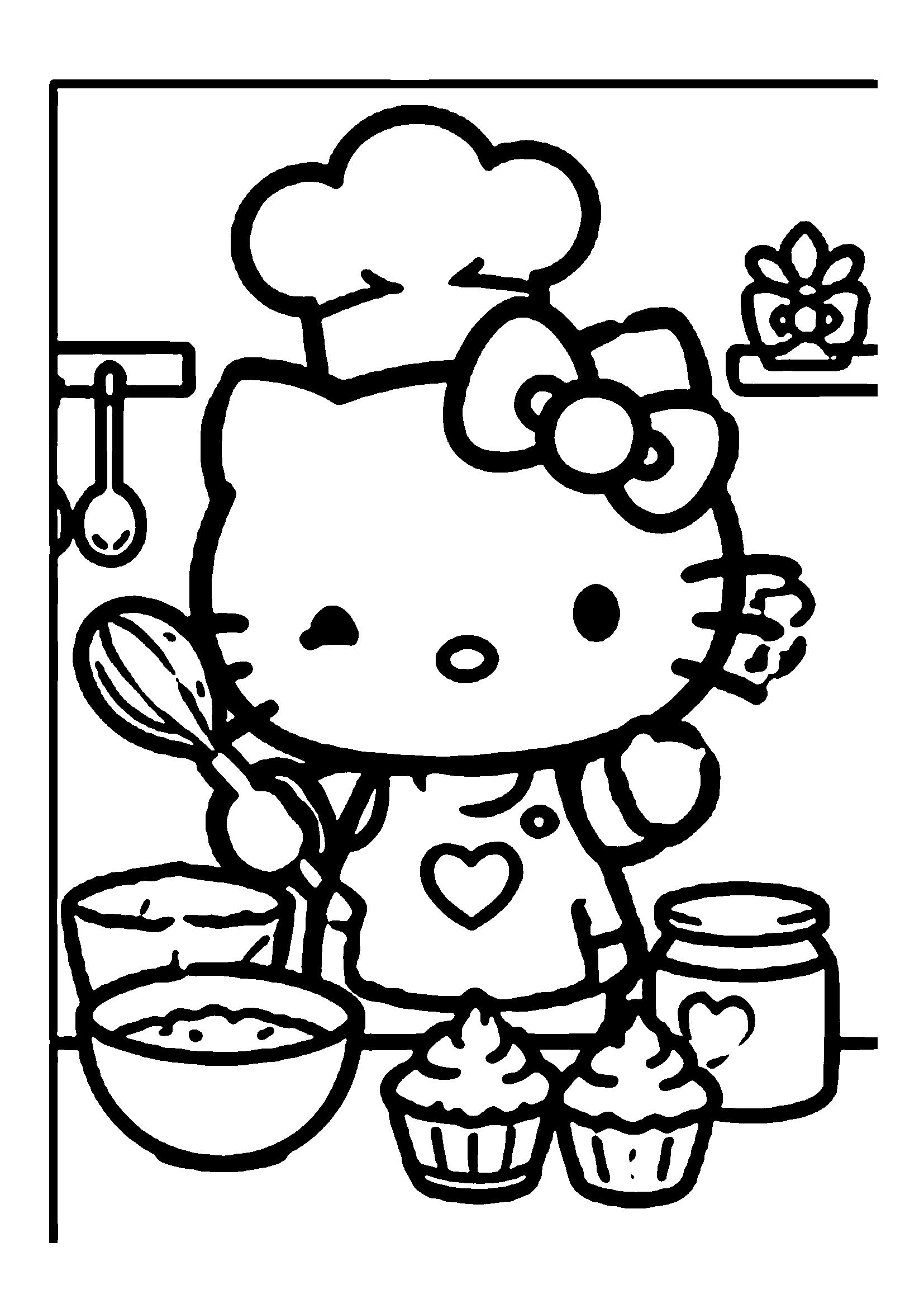 Hello Kitty as a pastry chef with baking apron and cupcakes printable coloring page