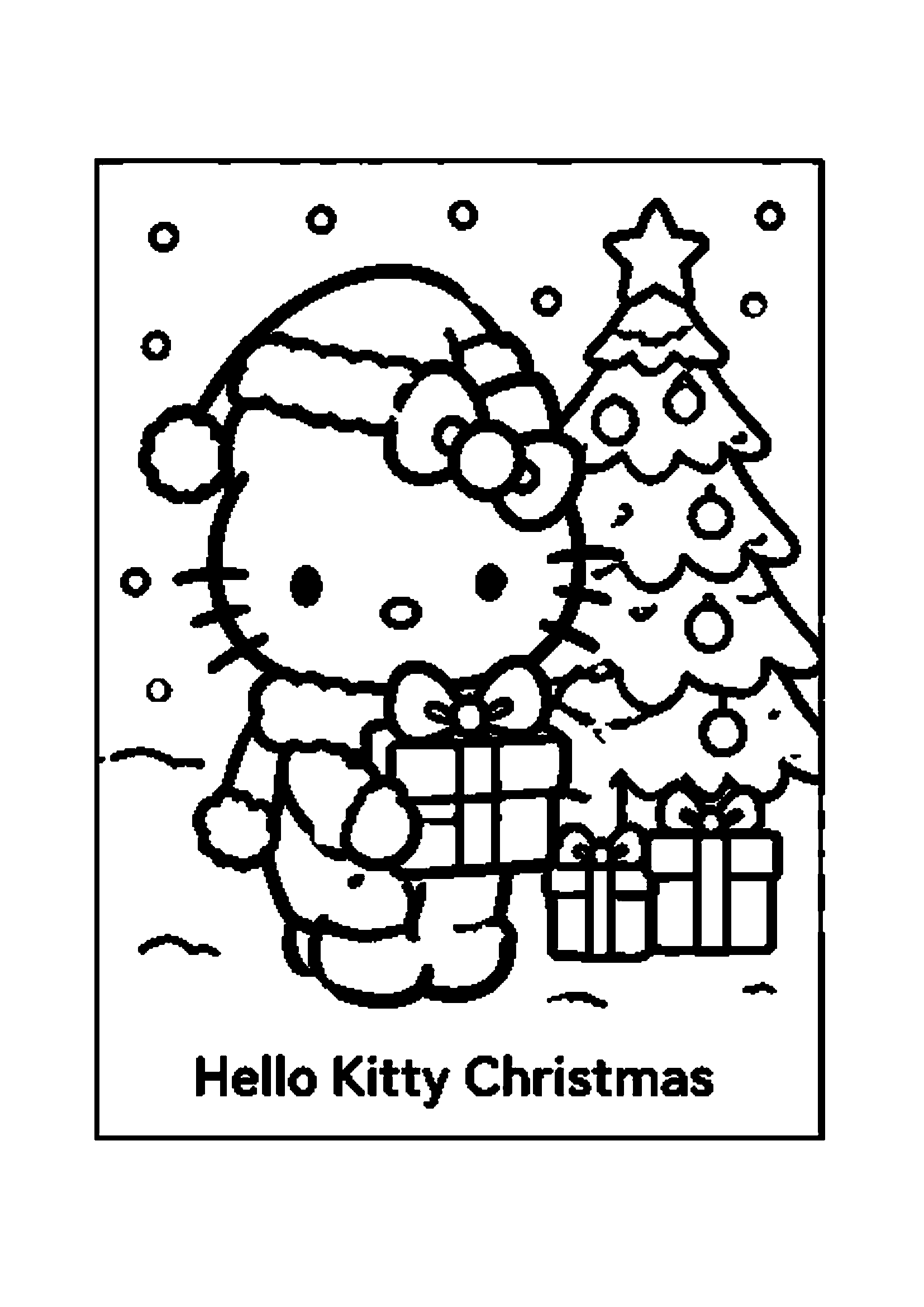Hello Kitty in Santa hat holding gifts by a decorated Christmas tree printable coloring page