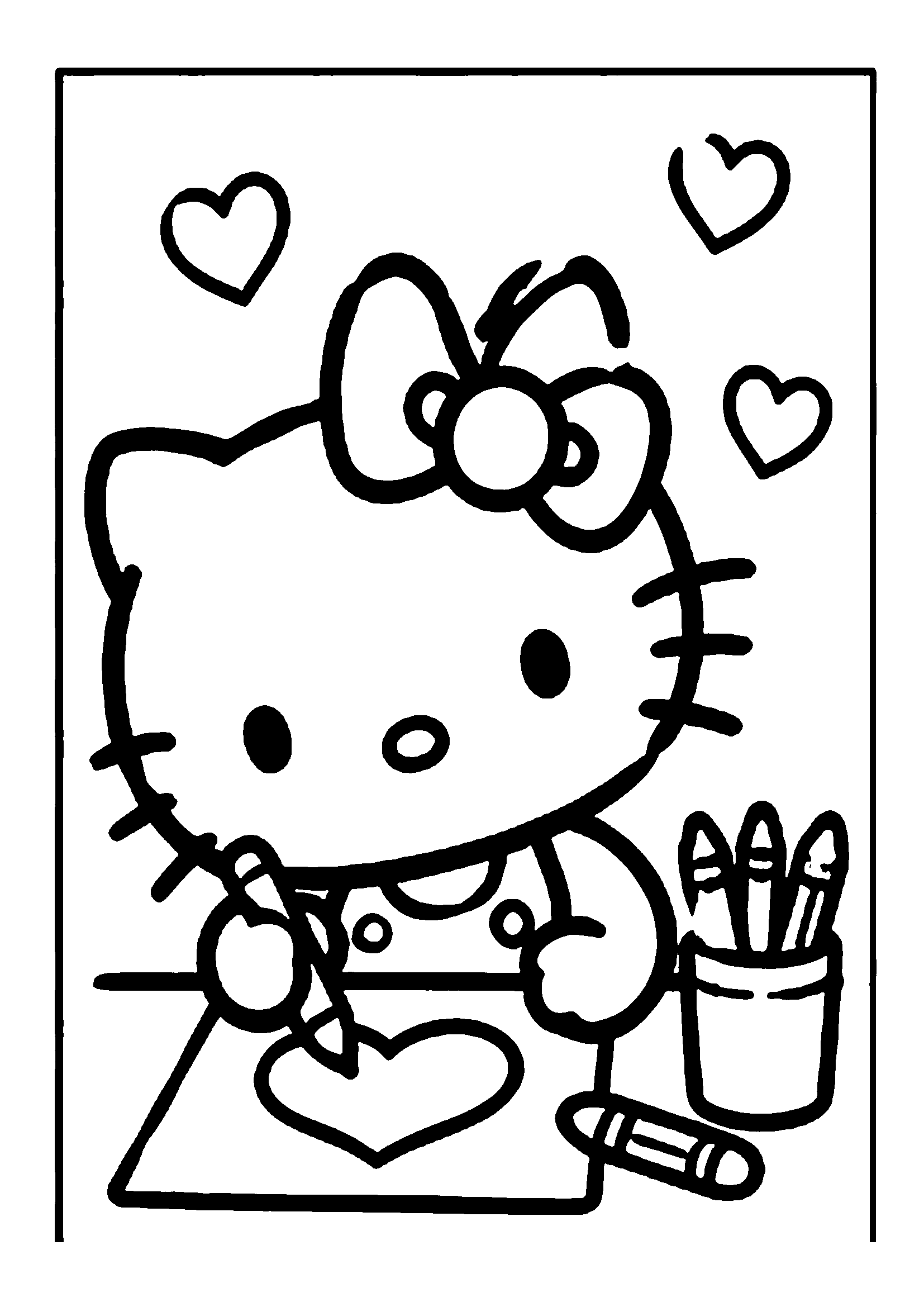 Hello Kitty drawing pictures with crayons and coloring pencils printable coloring page