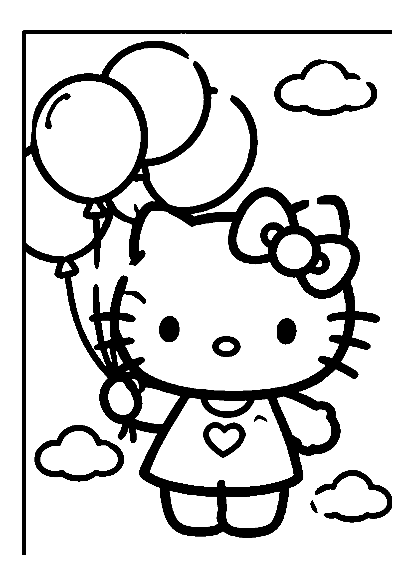 Hello Kitty holding a bunch of party balloons in the clouds printable coloring page