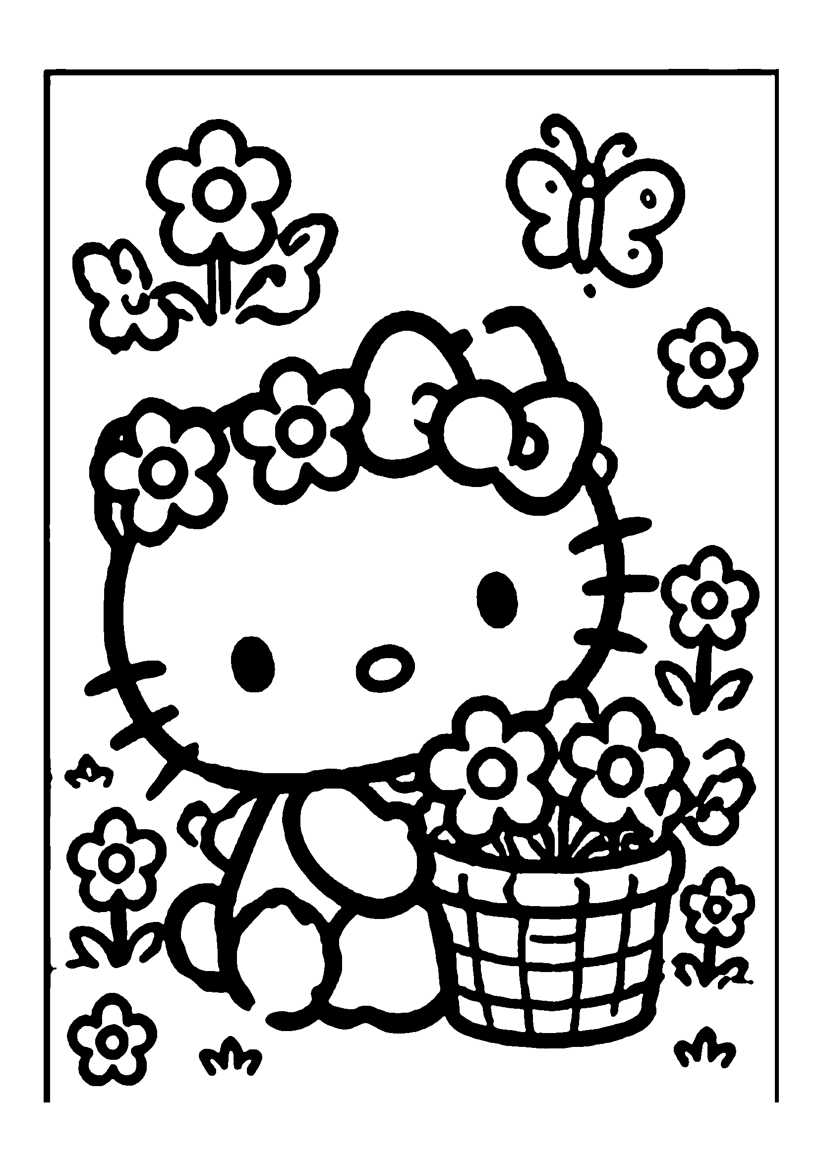 Hello Kitty holding a basket of fresh flowers with butterfly in meadow printable coloring page