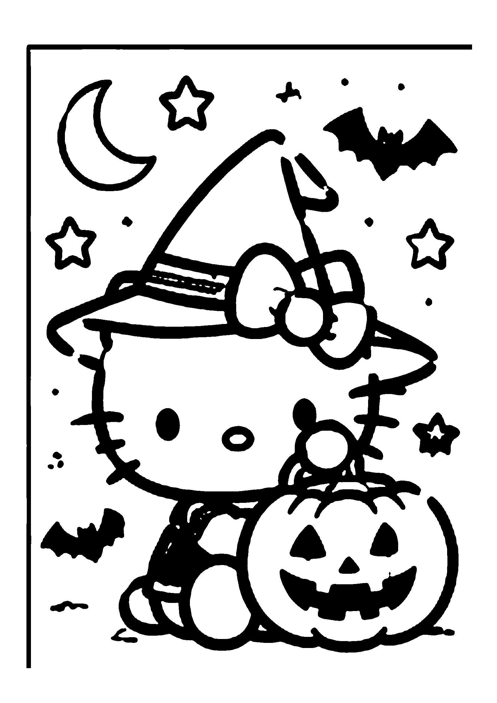 Hello Kitty dressed as a witch with pointed hat and carved jack-o-lantern pumpkin under the moon printable coloring page