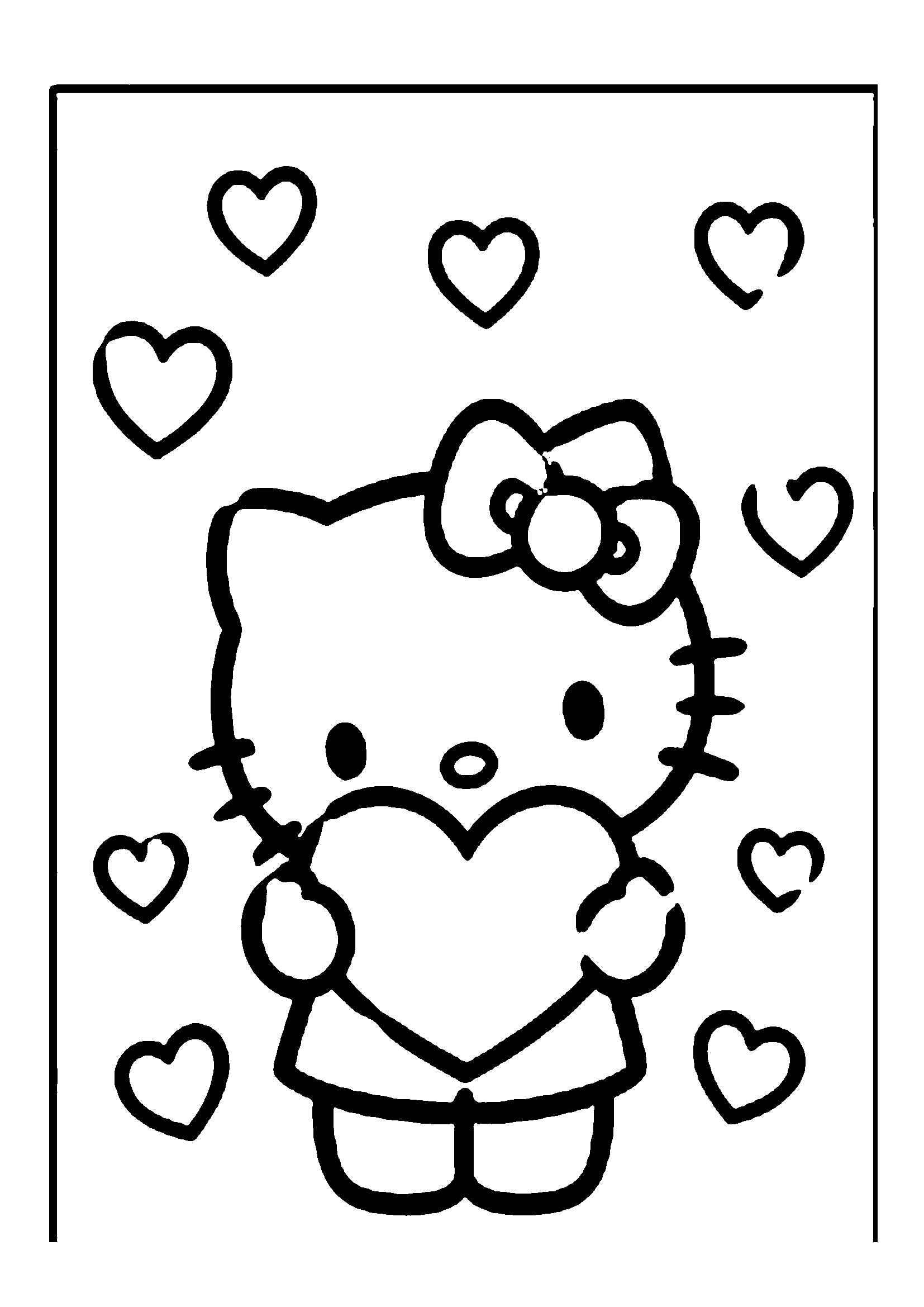 Hello Kitty holding a giant love heart with floating hearts printable coloring page