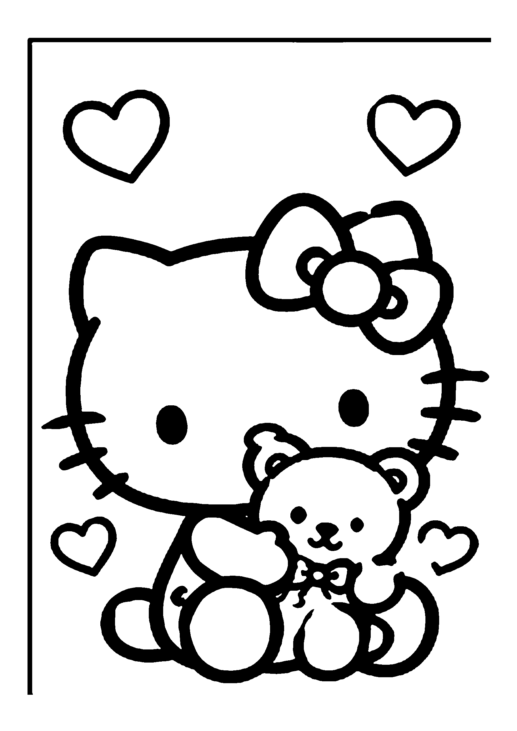 Hello Kitty hugging a cute teddy bear surrounded by floating hearts printable coloring page