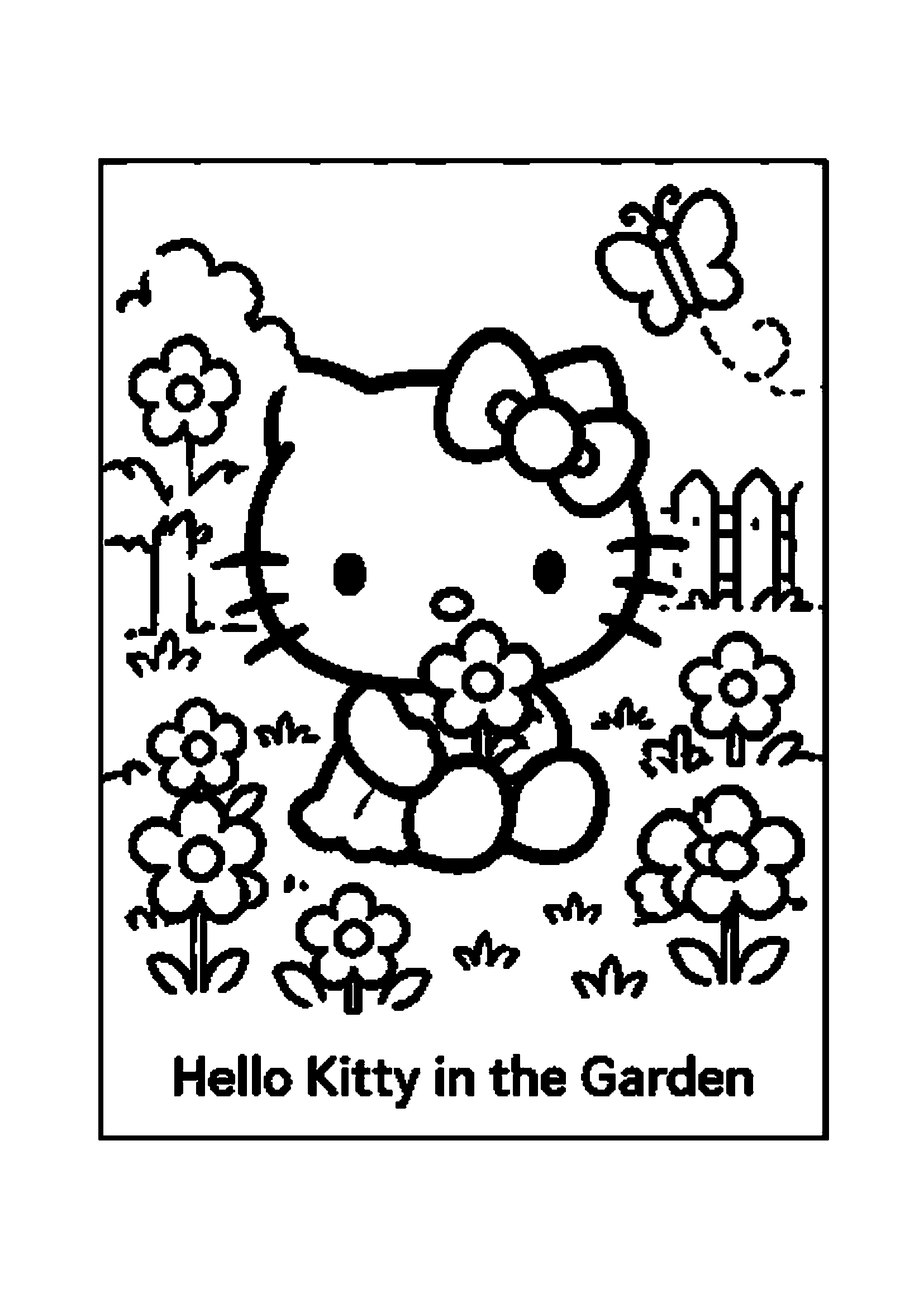 Hello Kitty sitting in a flower garden with a butterfly printable coloring page