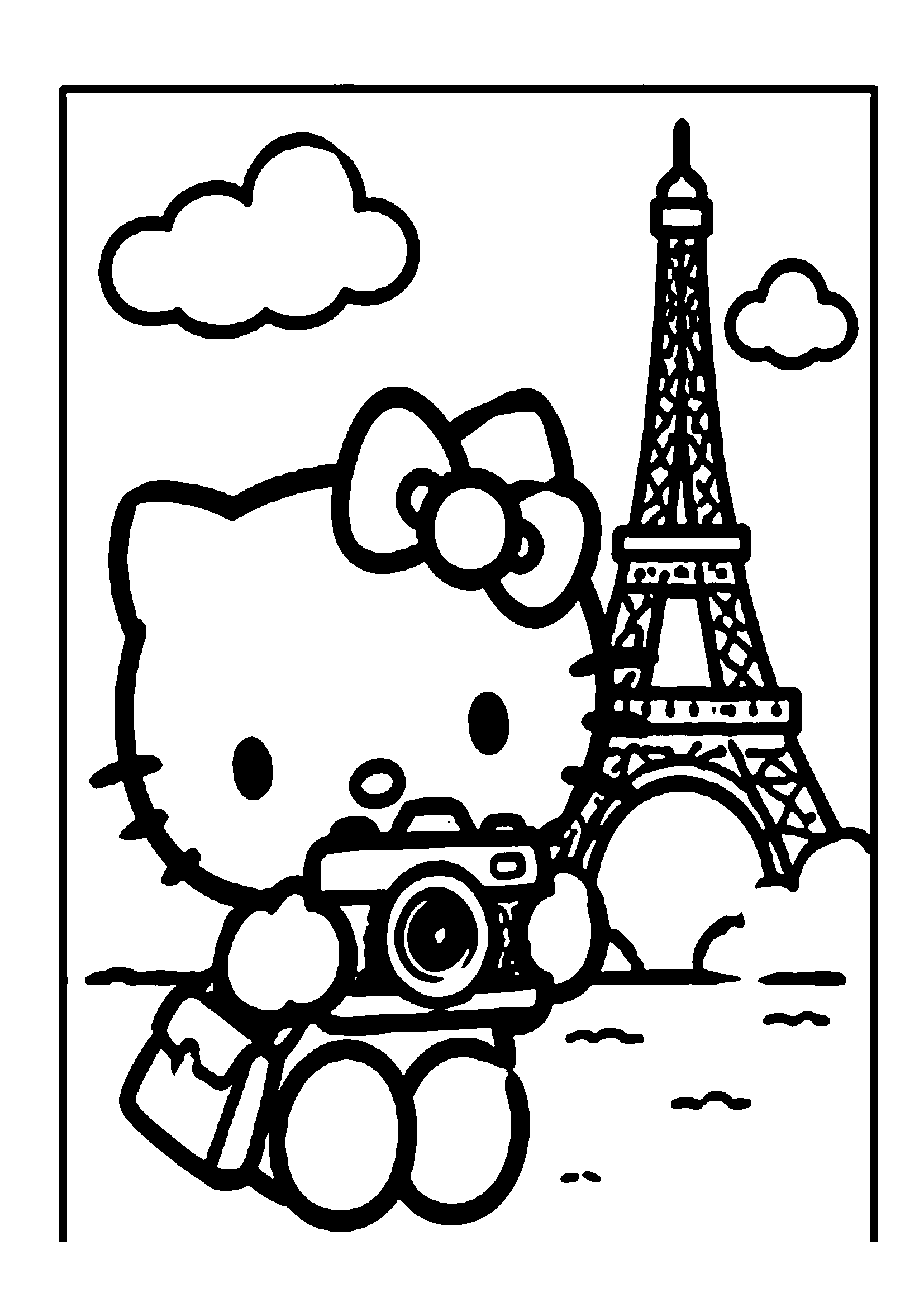 Hello Kitty holding a camera visiting Paris with the Eiffel Tower in background printable coloring page