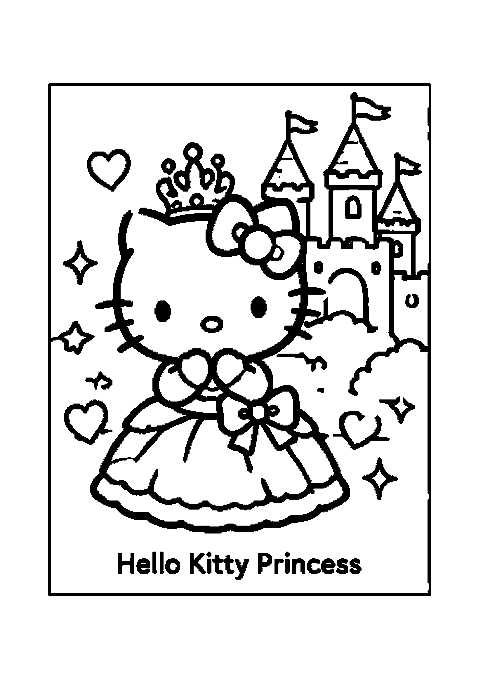 Hello Kitty dressed as a royal princess wearing a tiara in front of a fairytale castle printable coloring page