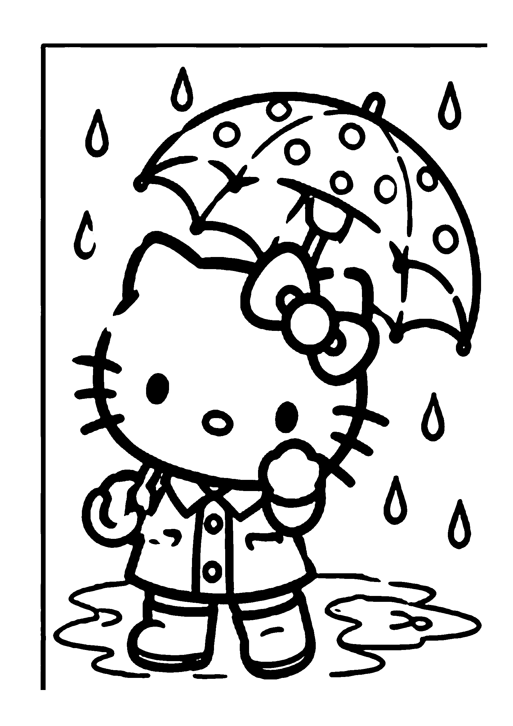 Hello Kitty wearing raincoat and boots holding a polka dot umbrella in rain puddle printable coloring page