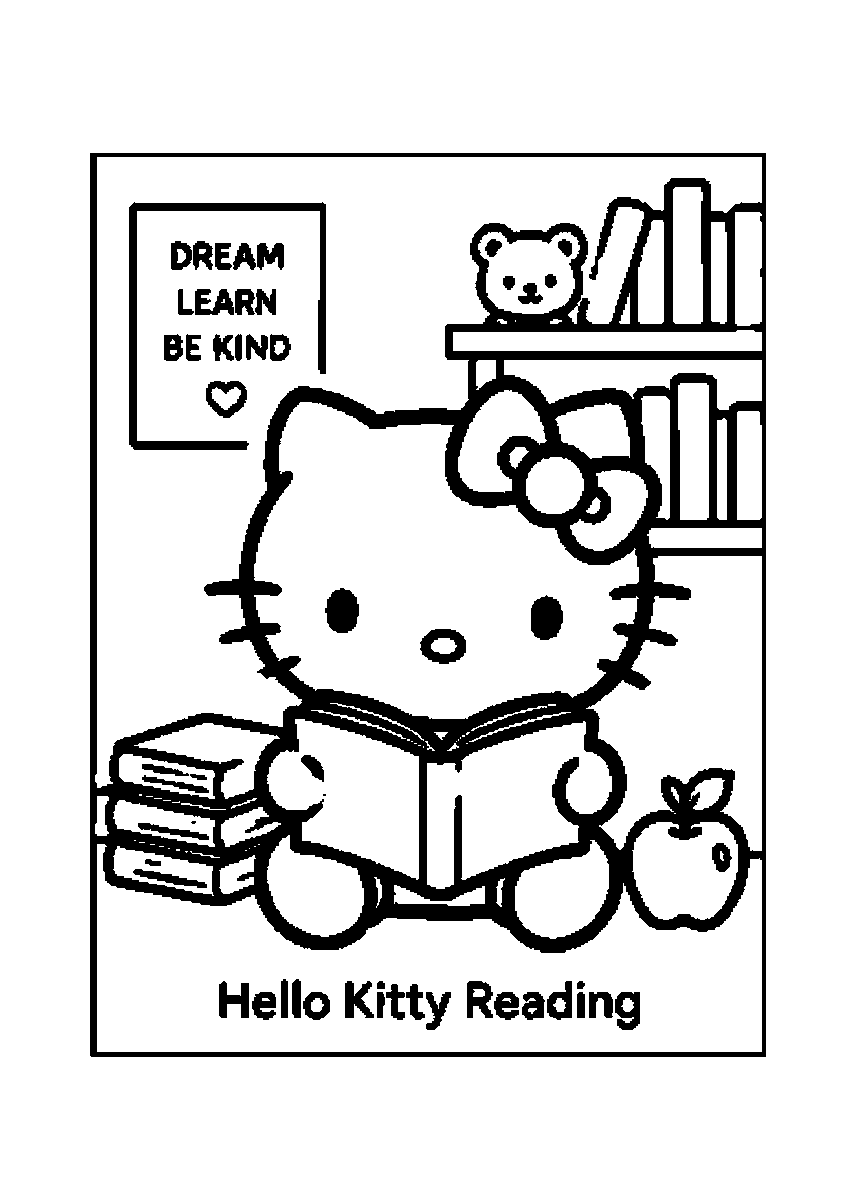 Hello Kitty reading a storybook by a bookshelf with apple and teddy bear printable coloring page