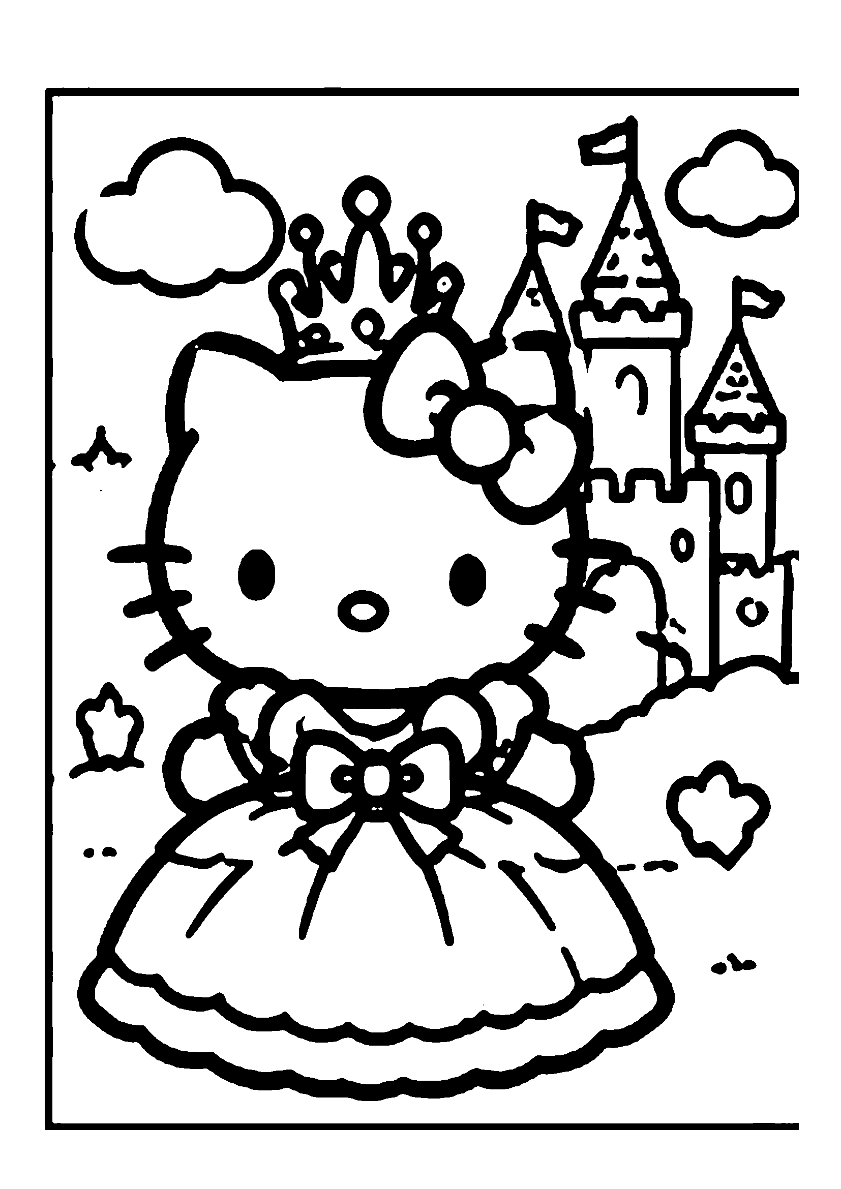 Hello Kitty dressed in royal gown with tiara before fairytale castle printable coloring page