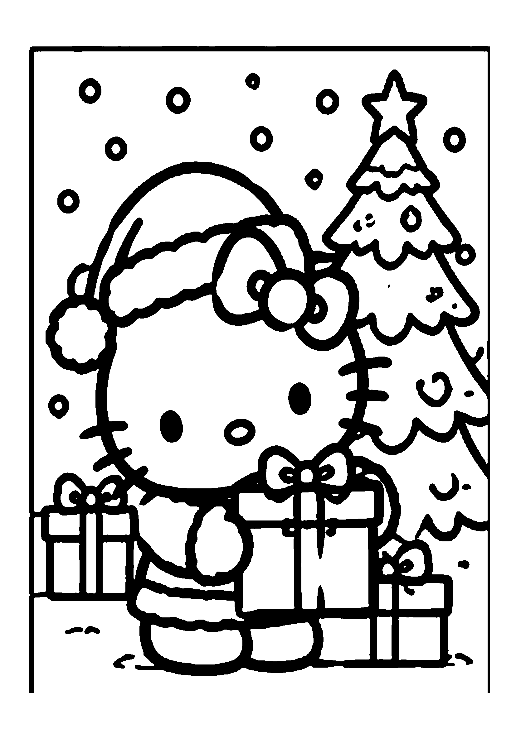 Hello Kitty in Santa outfit holding wrapped presents near Christmas tree in snow printable coloring page