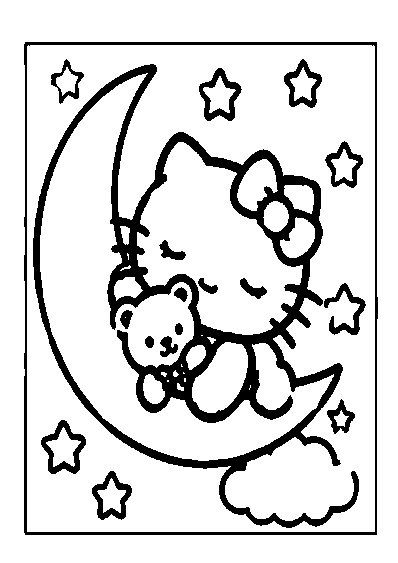 Hello Kitty and teddy bear sleeping soundly on a glowing crescent moon with night stars printable coloring page