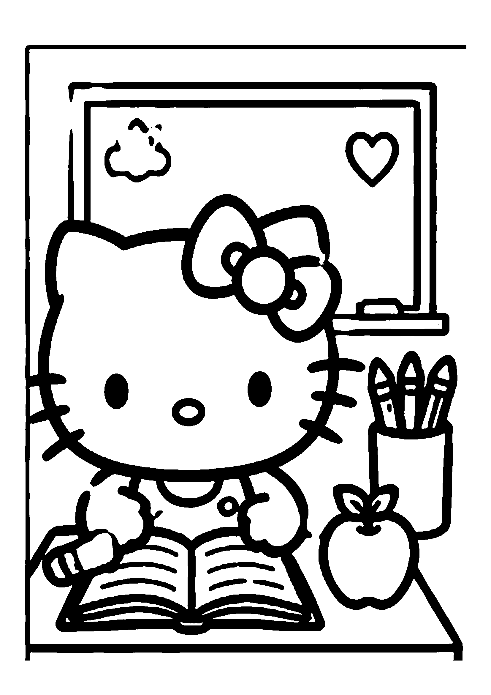 Hello Kitty studying at classroom desk with chalkboard, apple, and pencil cup printable coloring page