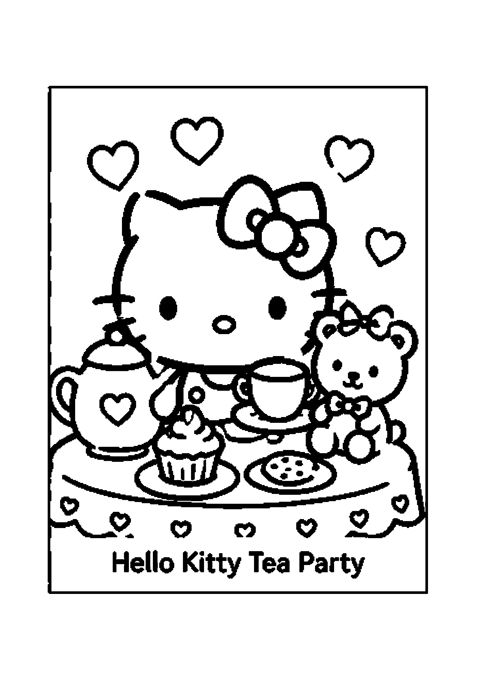 Hello Kitty having an afternoon tea party with teapot, cookies, cupcakes, and teddy bear printable coloring page