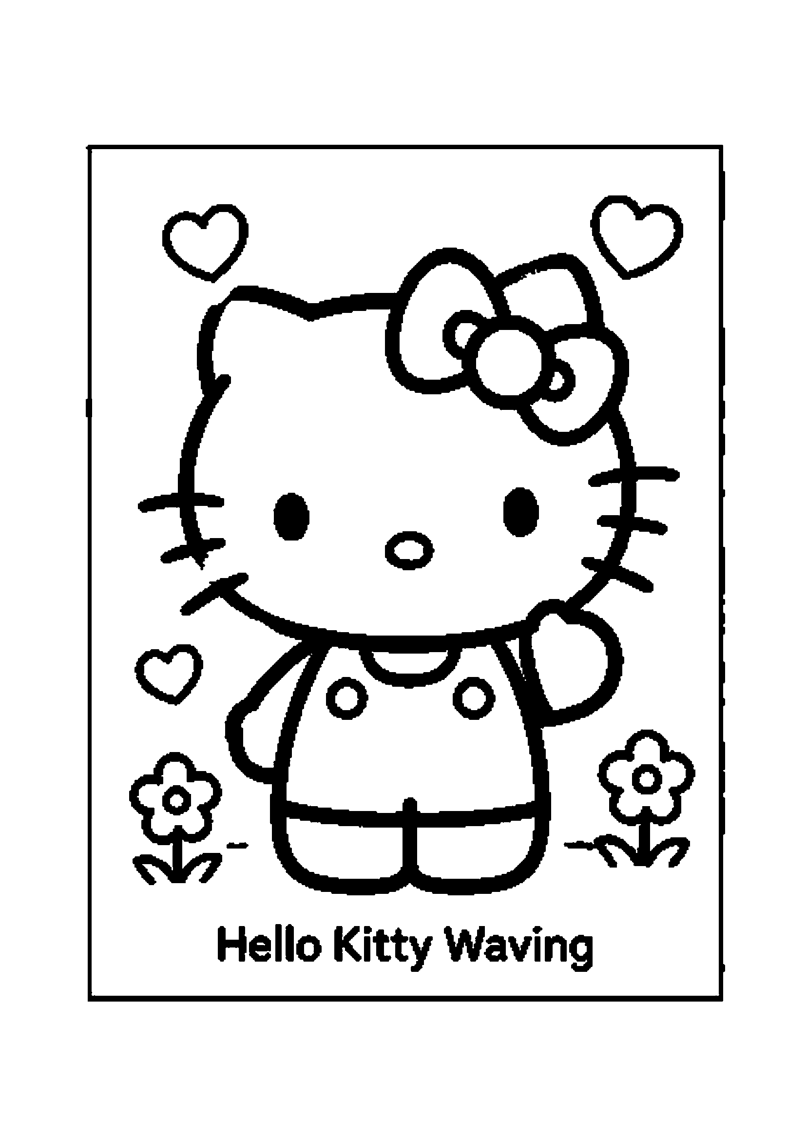 Hello Kitty waving with flowers and hearts printable coloring page