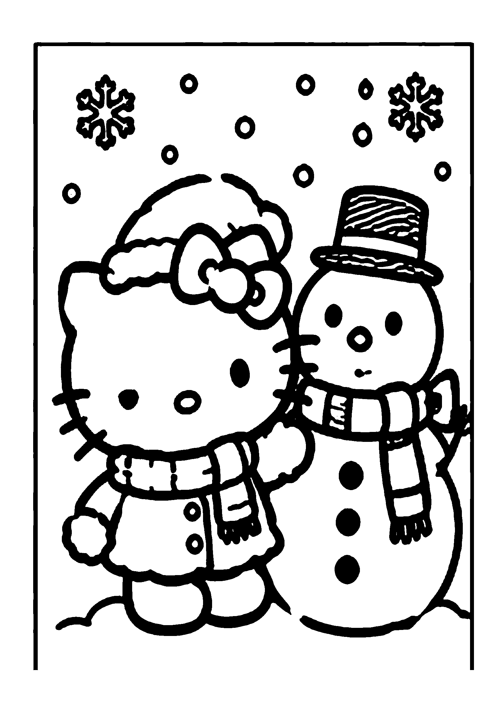 Hello Kitty bundled in winter coat standing beside a smiling snowman with falling snowflakes printable coloring page