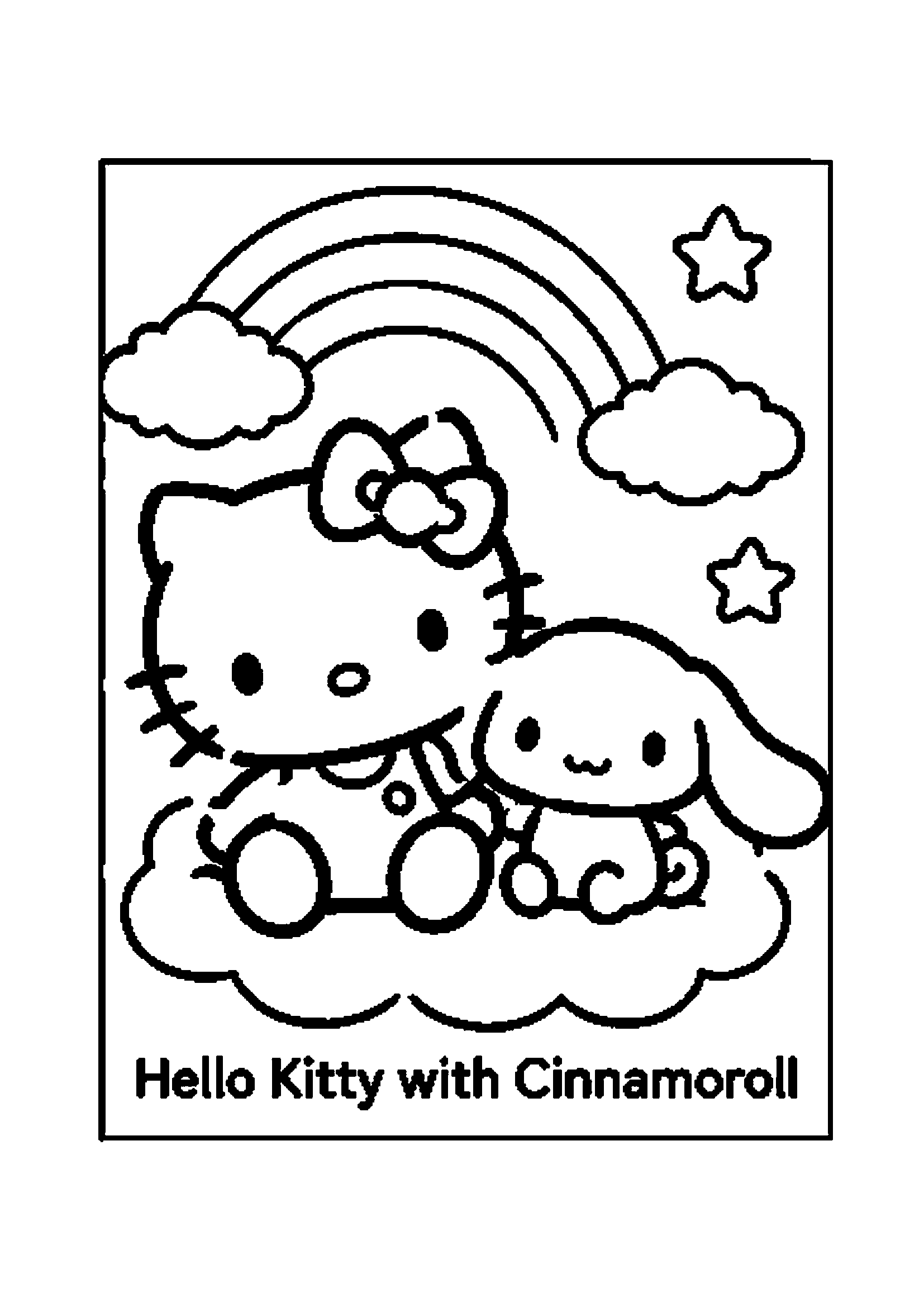 Hello Kitty and Cinnamoroll sitting on a cloud beneath a rainbow and stars printable coloring page