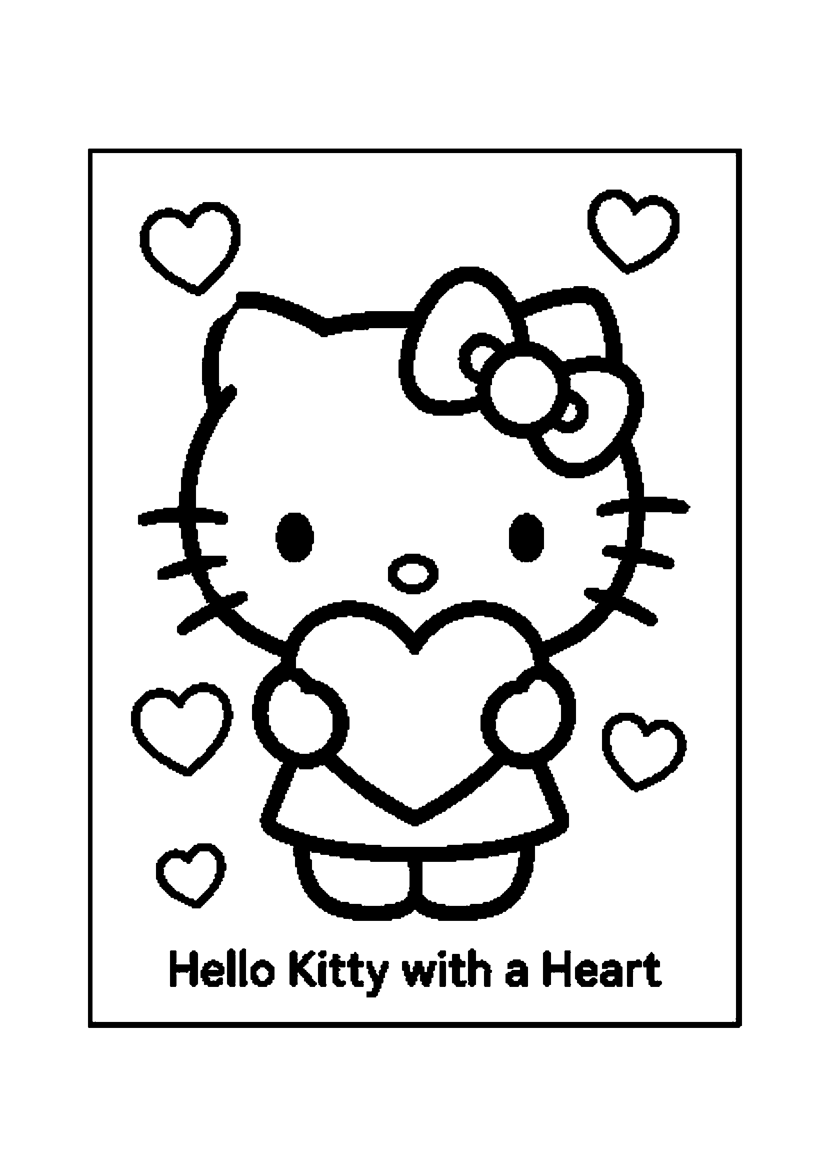 Hello Kitty holding a big love heart surrounded by small hearts printable coloring page