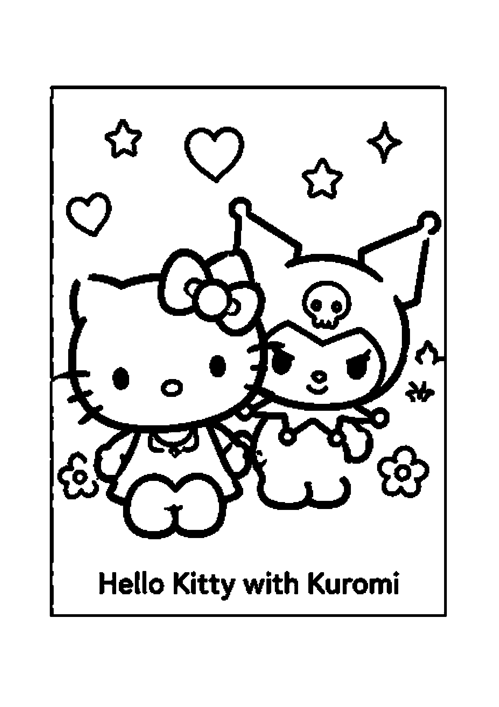 Hello Kitty and Kuromi standing together surrounded by stars and blossoms printable coloring page