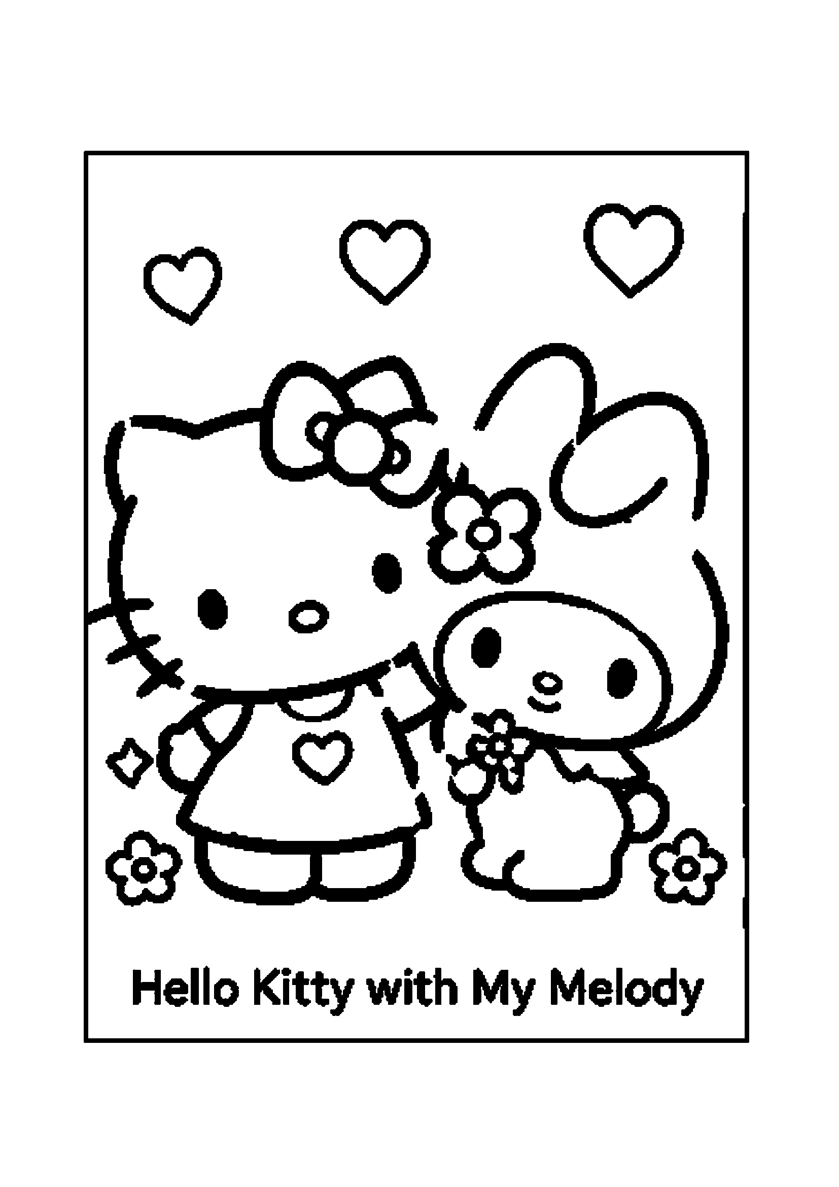Hello Kitty and My Melody sitting side-by-side with flowers and hearts printable coloring page