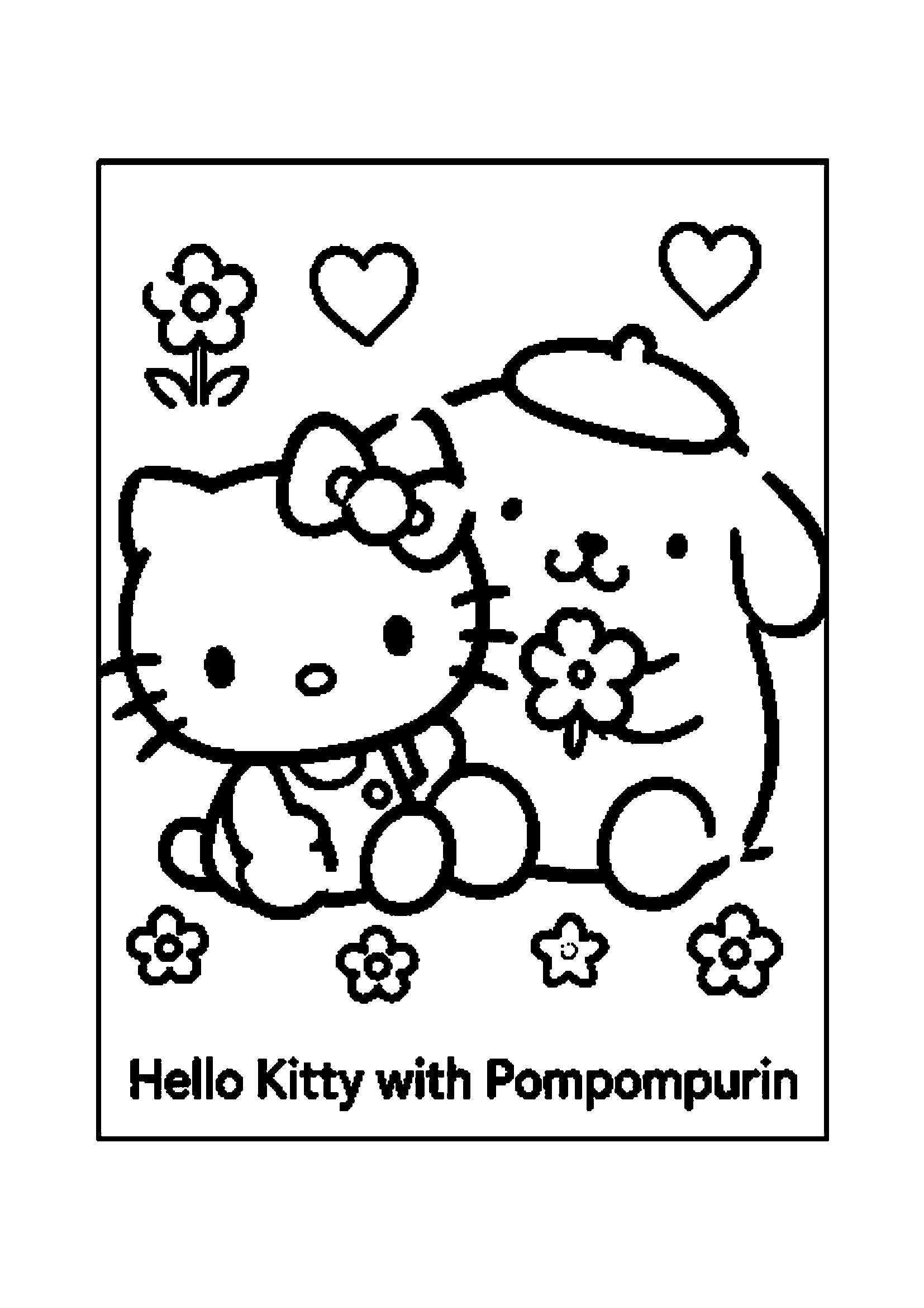 Hello Kitty and Pompompurin holding flowers together with hearts printable coloring page