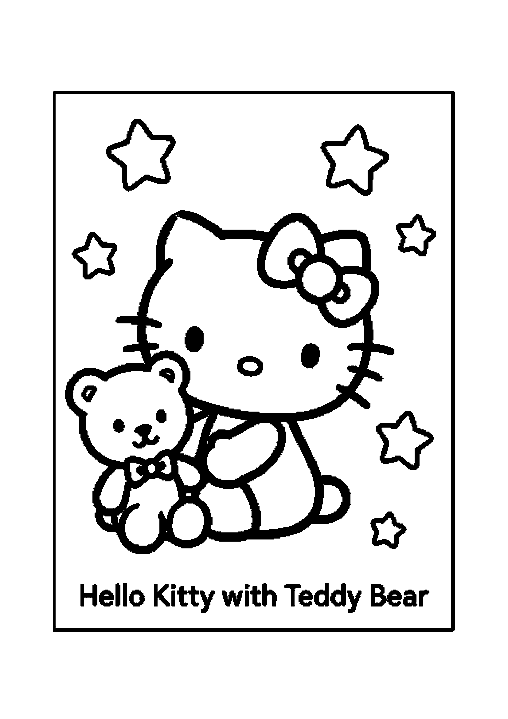 Hello Kitty sitting with her beloved teddy bear and stars printable coloring page