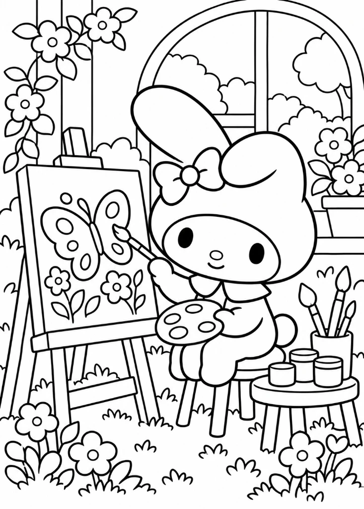 My Melody Painting at Art Easel Coloring Page