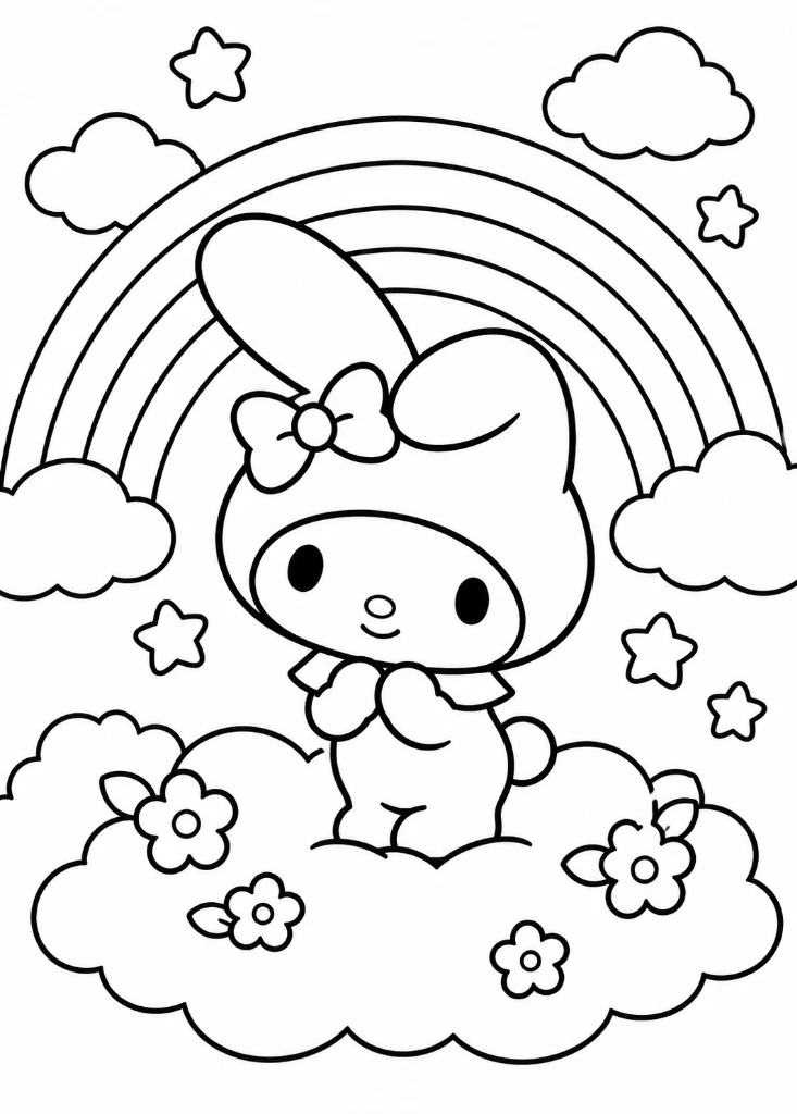My Melody on Rainbow Cloud Coloring Page