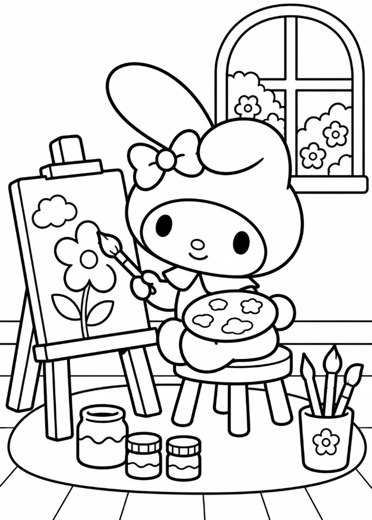 My Melody Painting Flower at Easel Coloring Page