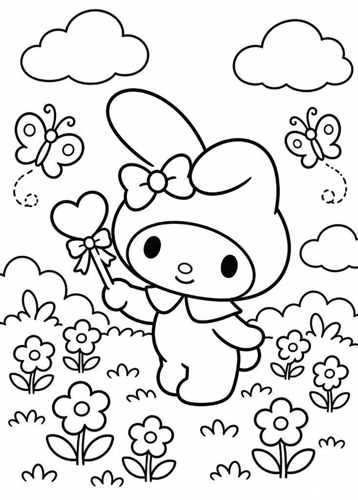 My Melody Coloring Page with Heart Wand and Butterflies