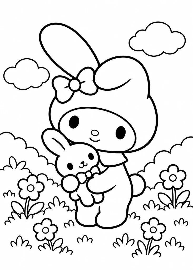 My Melody Hugging Bunny Plush Coloring Page
