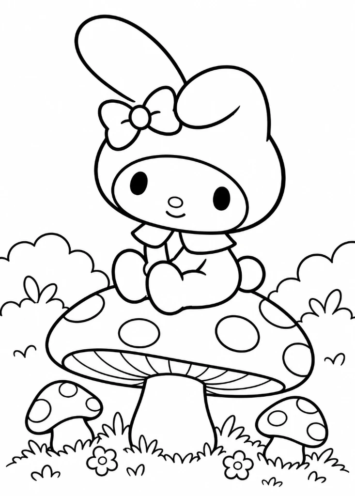 My Melody Sitting on Mushroom Coloring Page