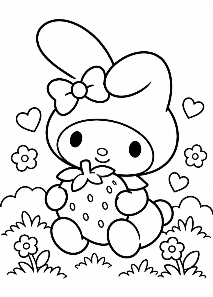 My Melody Coloring Page with Sweet Strawberry and Hearts