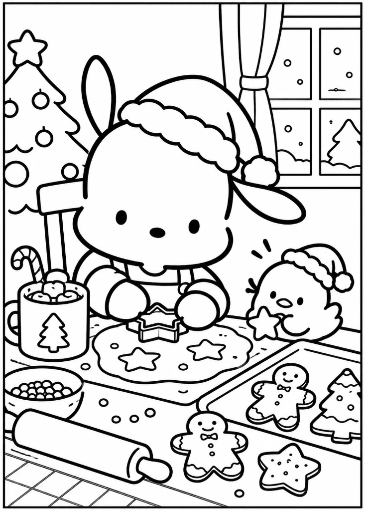Pochacco Baking Gingerbread Cookies Coloring Page